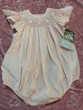 Strasburg Soft Pink Smocked Flutter-Sleeve Baby Bubble “Emily”
